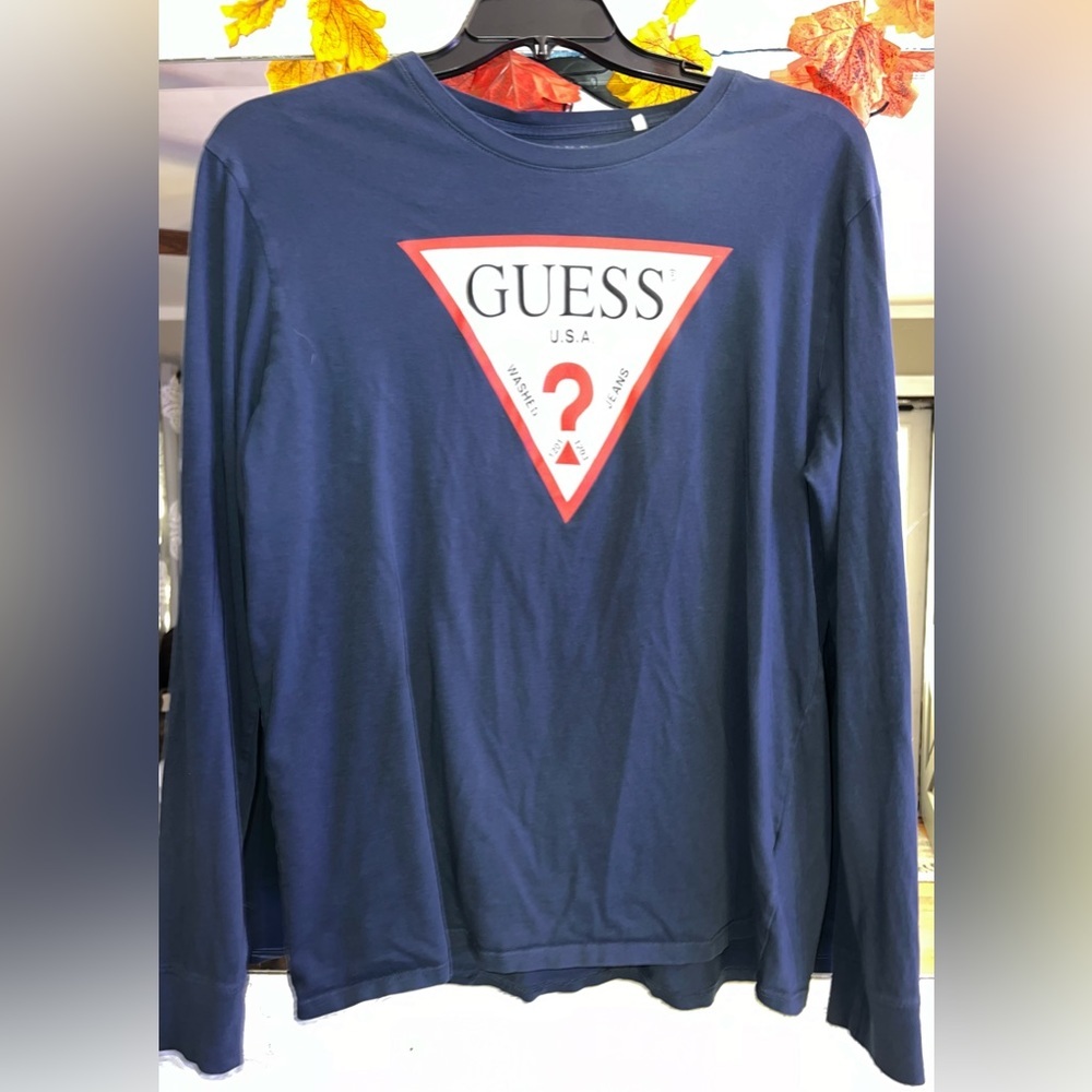 GUESS? Navy blue, red & white logo long sleeved t-shirt Large​